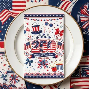 20Pcs National Day themed party napkins with top hat, fireworks, drum and bow elements. Suitable for decorative use at anniversaries, patriotic events and barbecue parties.