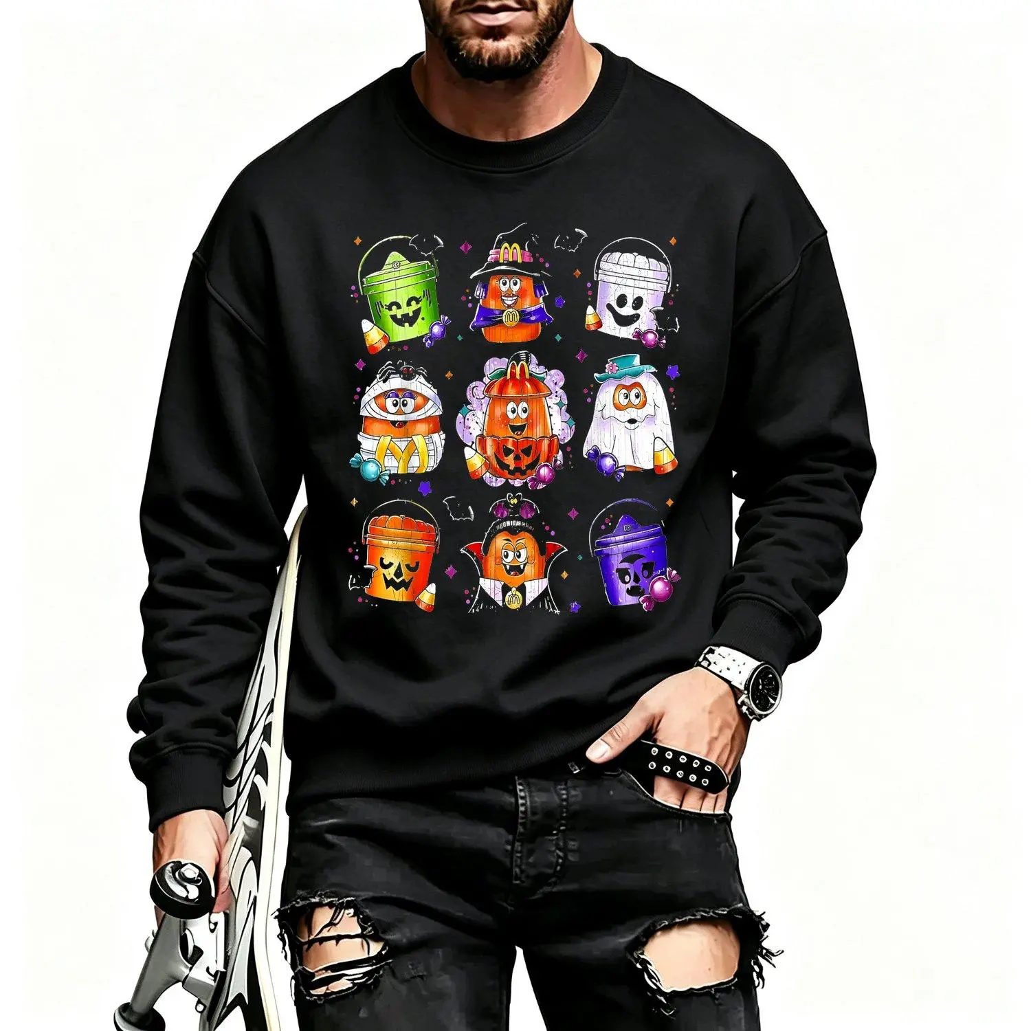 Men's Sports Sweatshirt Halloween Graphic Design Chicken Nuggets Pumpkin 90s Vintage Style Athletic Pullover Top for Men Casual Sporty Outwear