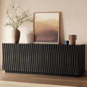 Fluted TV Stand for 55-75 Inch TV, 70" Modern Entertainment Center for Living Room & Bedroom, Tall Storage Cabinet & 8 Cable Holes, Wavy Soft-Close Doors & Anti-Tip Media Console, Black Walnut