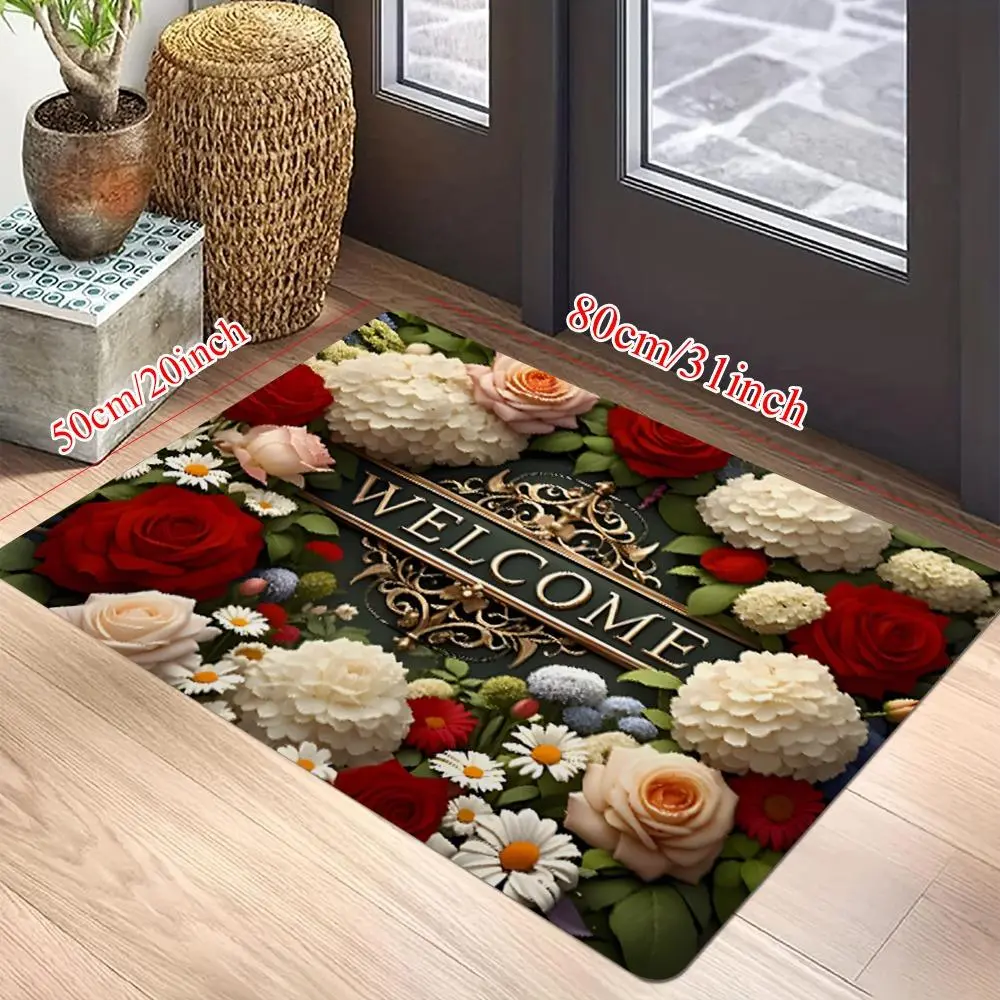 Vintage Rose Floral Welcome Doormat Non Slip Ornate Pattern Entry Rug Washable Dust Trailing Front Door Mat Indoor Outdoor Porch Farmhouse Home Decor