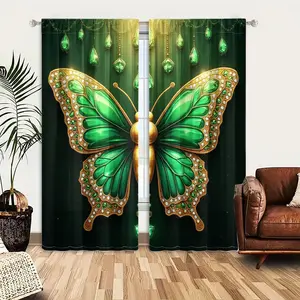 2pcs Window Curtains, A stunning emerald green butterfly, intricately detailed with gold and diamonds, takes center stage on a deep green backdrop, adorned by hanging jewels.Window Drapes for Bedroom Living Room, Rod Pocket Window Treatment