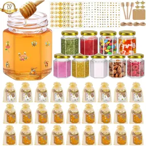 70 Pack 3 oz Mini Hexagon Glass Honey Jars with Dippers, Gold Lids, Bee Stickers, Bee Charms, Gift Bags & Jute, Empty Small Jars for Party Favors Baby Showers & Weddings