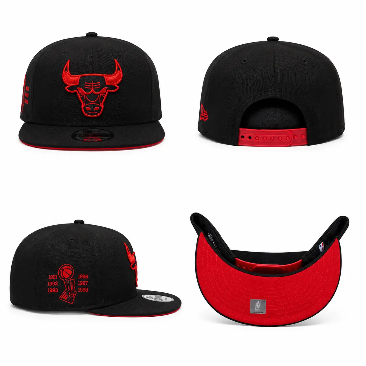 New Era Chicago Bulls 9FIFTY NBA Snapback Cap Black Red Championship Side Patch Flat Bill Adjustable NBA Hat for Men & Women