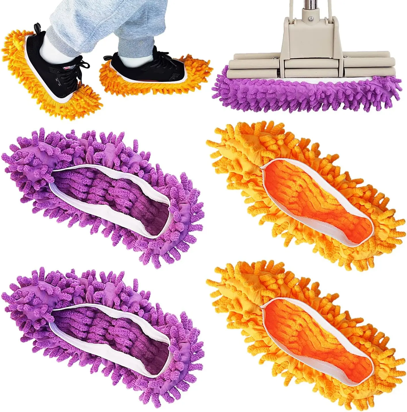 Mop Slippers Shoes 4 PCS, Washable Microfiber Floor Cleaning Covers, Reusable Dust Duster for Home, Kitchen, Bathroom & Office (2 Pairs)