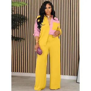 Two-Piece Set Women's?Colorblock?Button Front Shirt & Solid Wide Leg Pants, Casual Long Sleeve Collared Top & Elastic Waist Trousers for Spring & Fall, Women's Clothes for Daily WearGiftGiftGift