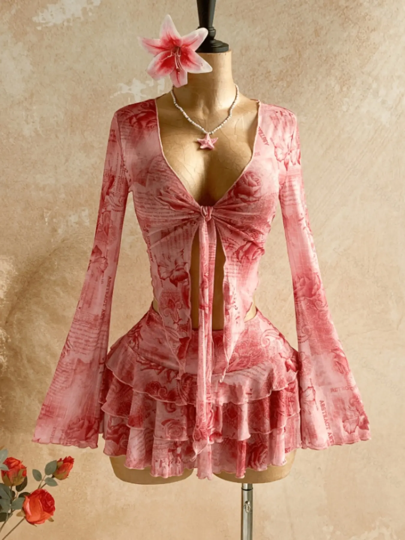 Women's Rose Print Mesh Two-Piece Set, Tie-Up Adjustable Cardigan Top + Cake Short Skirt, Beach Vacation, Music Festival, Party, Summer Beachwear Set