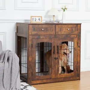 39.4'' Multi-Functional Large Wooden Dog Crate Furniture with 3 Doors, 2 Storage Drawers & Cushion - Indoor Decorative Dog Kennel End Table for Medium/Large Breeds up to 130 lbs, Rustic Brown