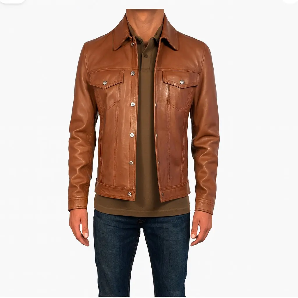 Pelleaura Men's Chris Leather Jacket - Brown Sheep Leather with Front Pockets & Button Closure