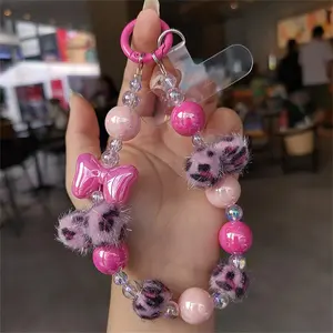 Korean Stylish Winter Leopard Print Hairball Cute Bow Phone Chain Beaded Keychain Pendant Backpack Lanyard Bracelet Wristband