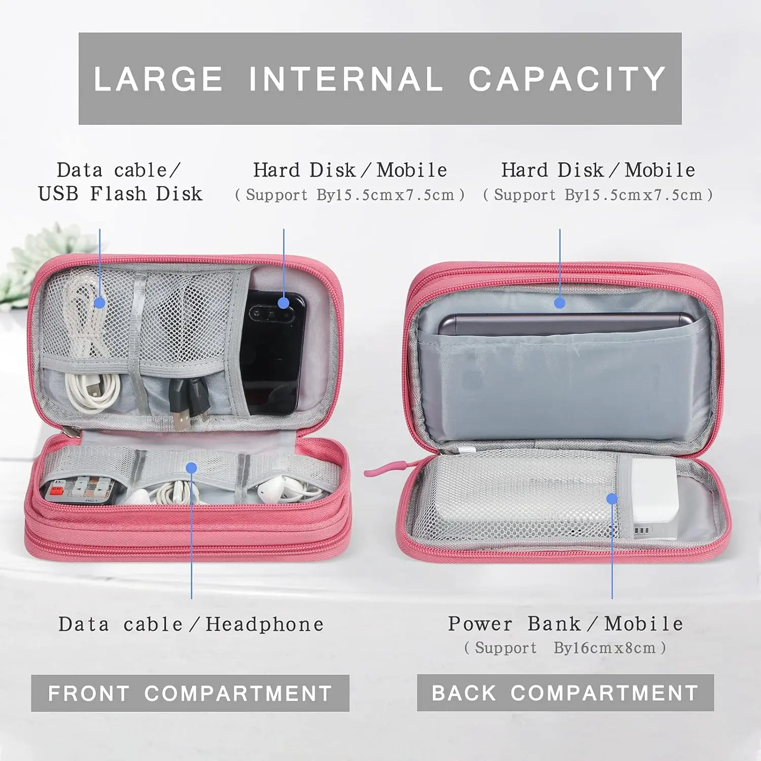 Skycase Electronic Organizer Travel Case Waterproof Cord Pouches for Organization Cable Organizer All-in-One Double Layers Storage Bag for Accessories Charger Cable Pink