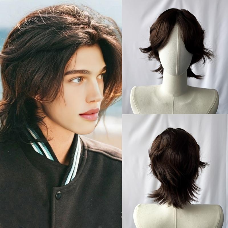 Men's Short Wig Wolf Tail Mullet Cosplay Halloween Wig with Button Net, Easy to Wear