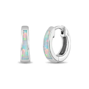 Chunky Opal Inlay Huggie Hoop Earrings 8mm - Sterling Silver