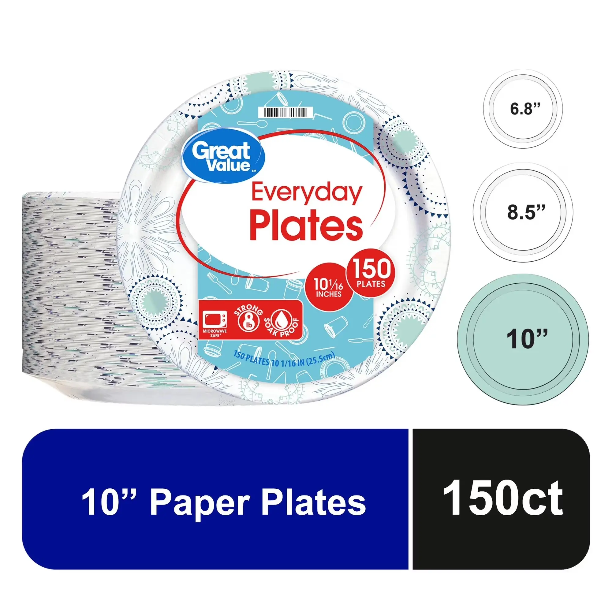 10 Inch Disposable Paper Plates, 150 Count, Microwave Safe and Soak Resistant Round Plates for Meals, Parties, BBQs and Everyday Use