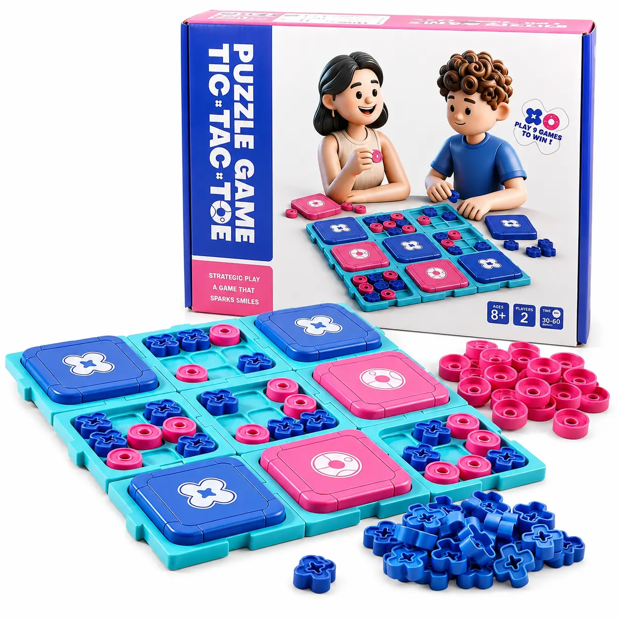 Puzzle Game Tic Tac Toe for Kids, Memory Matching Board Game with Slide Puzzle Tiles, Educational Strategy Toy