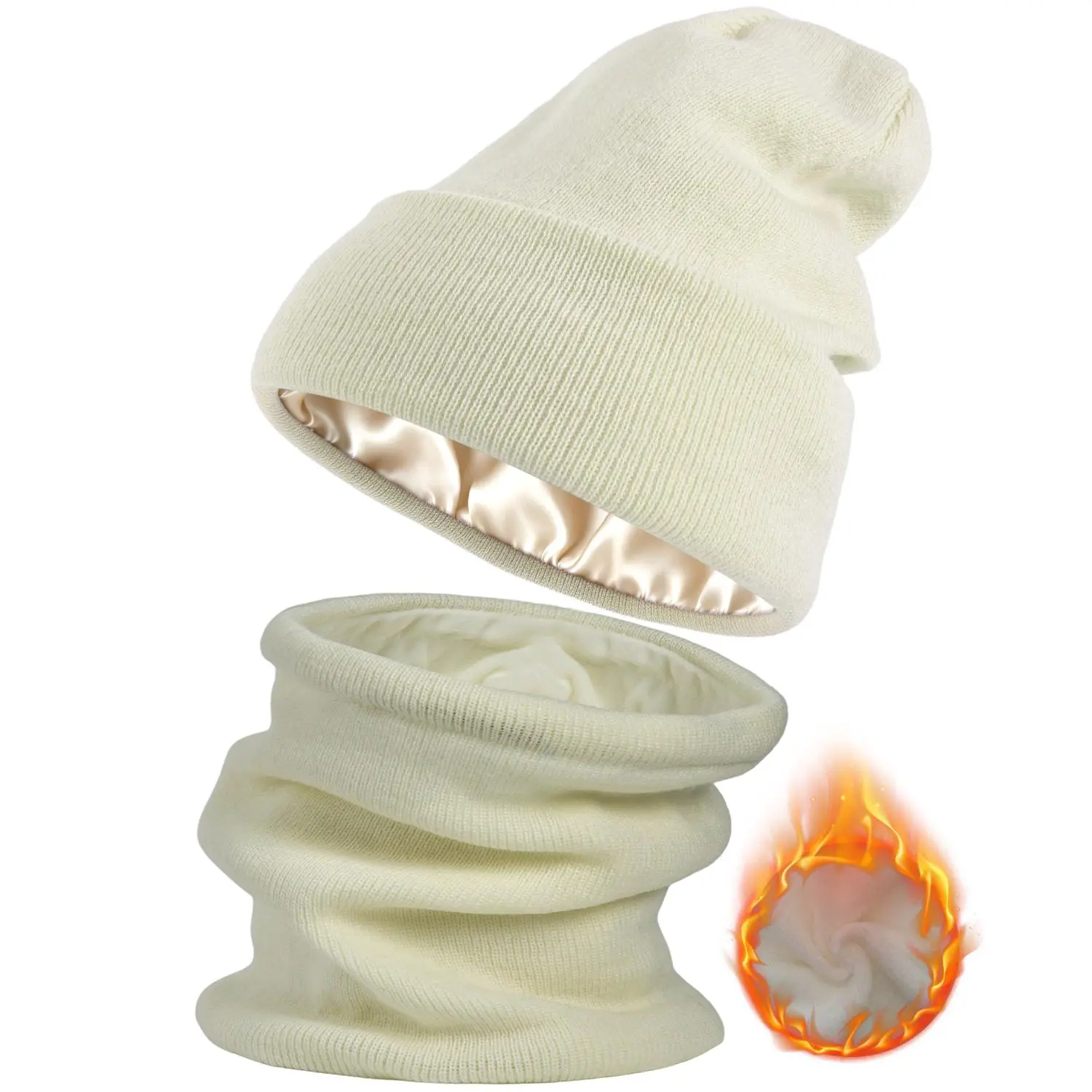 [Buy 1 Hat Get 1 Free Neck Gaiter] Viyawise Satin Lining Solid Color Beanie Hat for Men & Women - Ultra Soft, Stretchy Ribbed Knit, Foldable Design for Daily Use & Outdoor Activities Ear Cover Warm