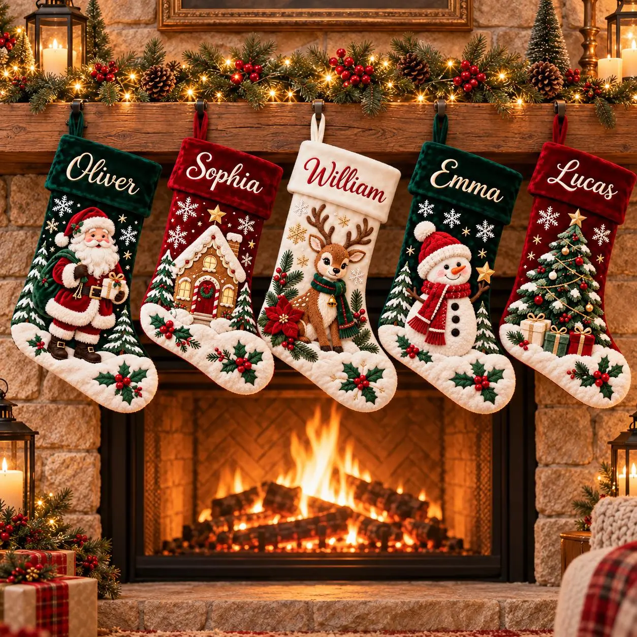 Personalized Christmas Stocking with Name, Vintage Holiday Stocking, Family Fireplace Mantel Decor, Custom Xmas Stocking Gift