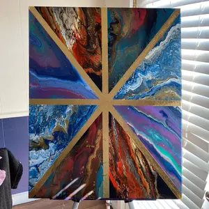 The Cross Roads of Color   24 x 30 inch Original Acrylic Pour Bold Statement Piece with Metallic Gold Lines Modern Geometric Layout Rich Movement Rich Blues Teals Purples Fiery Reds Earthy Tones Ready to Hang