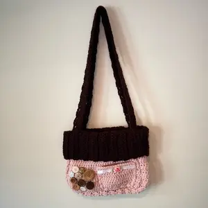 Crochet The Buttoned Up Mini Purse - Blush Pink & Brown Fold-Over Flap with Cherry-Print Lining & Up-Cycled Buttons