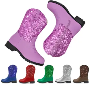Sparkly Girls Cowgirl Boots Glitter Cowboy Dress Boots for Little to Big Kid Mid Calf Round Toe Birthday Horse Riding Pu Handles Celebrations