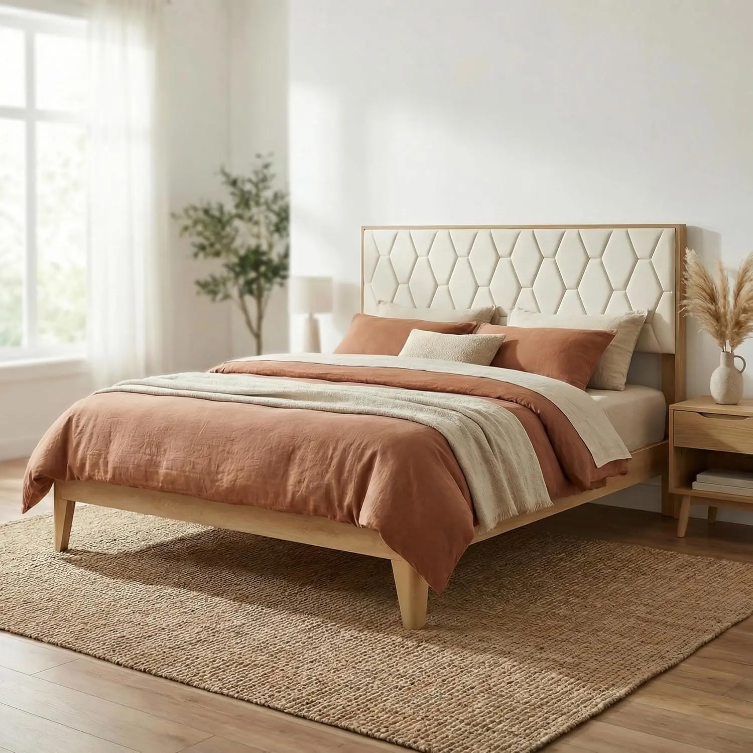 Yechen Boho Wood Bed Frame with Headboard, Upholstered Bed Frame, Wooden Platform with Under Bed Storage, Quick Setup Hook-and-Loop Slats, No Spring Needed, Natural (Full, Queen, King)