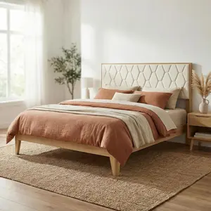 Yechen Boho Wood Bed Frame with Headboard, Upholstered Bed Frame, Wooden Platform with Under Bed Storage, Quick Setup Hook-and-Loop Slats, No Spring Needed, Natural (Full, Queen, King)