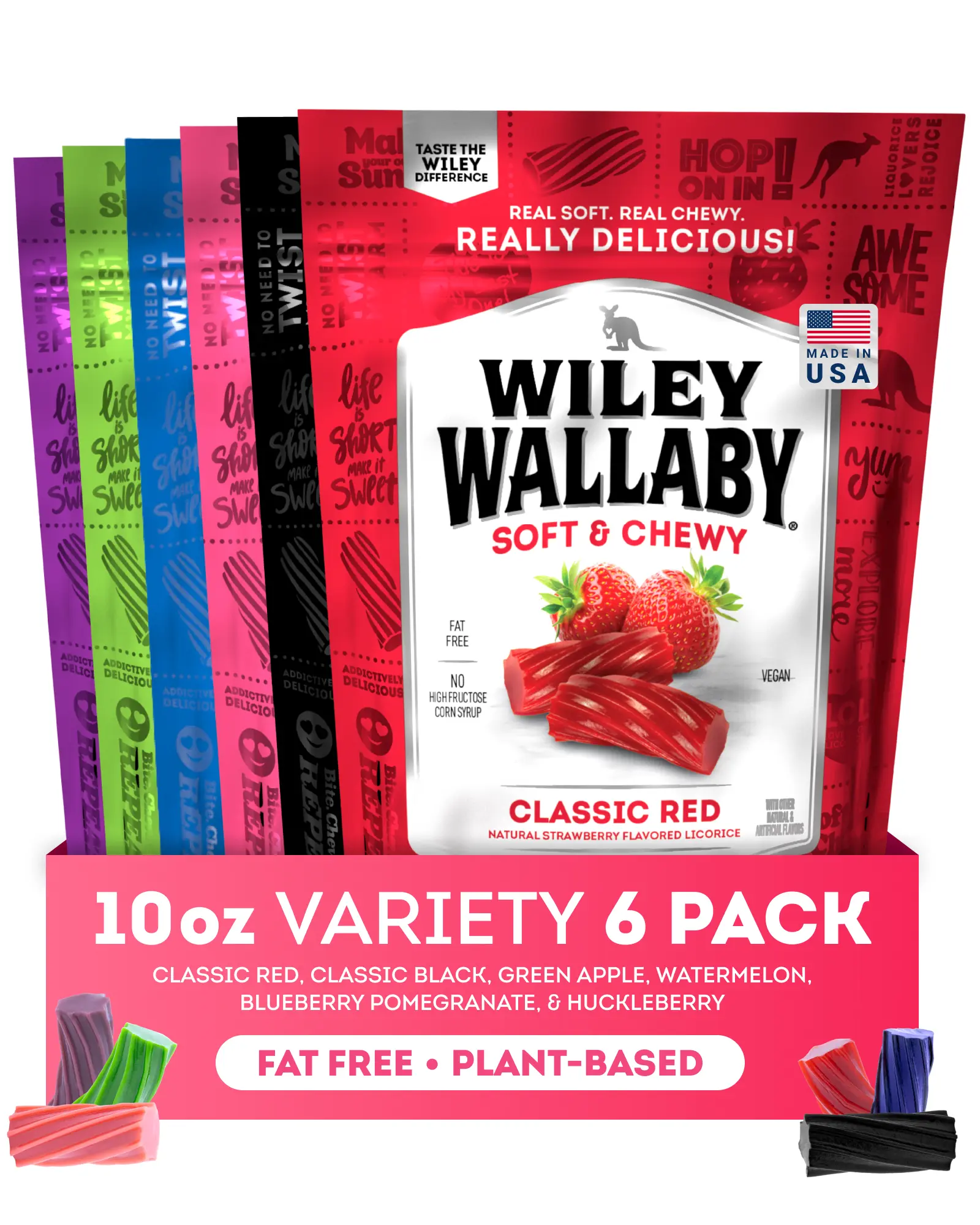Wiley Wallaby Licorice 10 oz Classic Gourmet Australian-Style Soft & Chewy Licorice Twists Variety Pack, 6-Pack Snack Candy