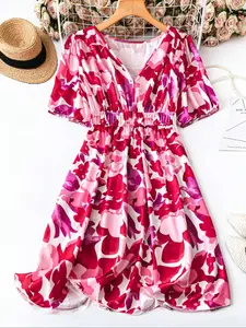 Valentine's Day Plus Size Dress, Elegant Floral Full Print Dress, Summer Short Sleeve Bohemian Style, Bohemian Boho Casual, Casual Wear, Women's Fashion Clothing