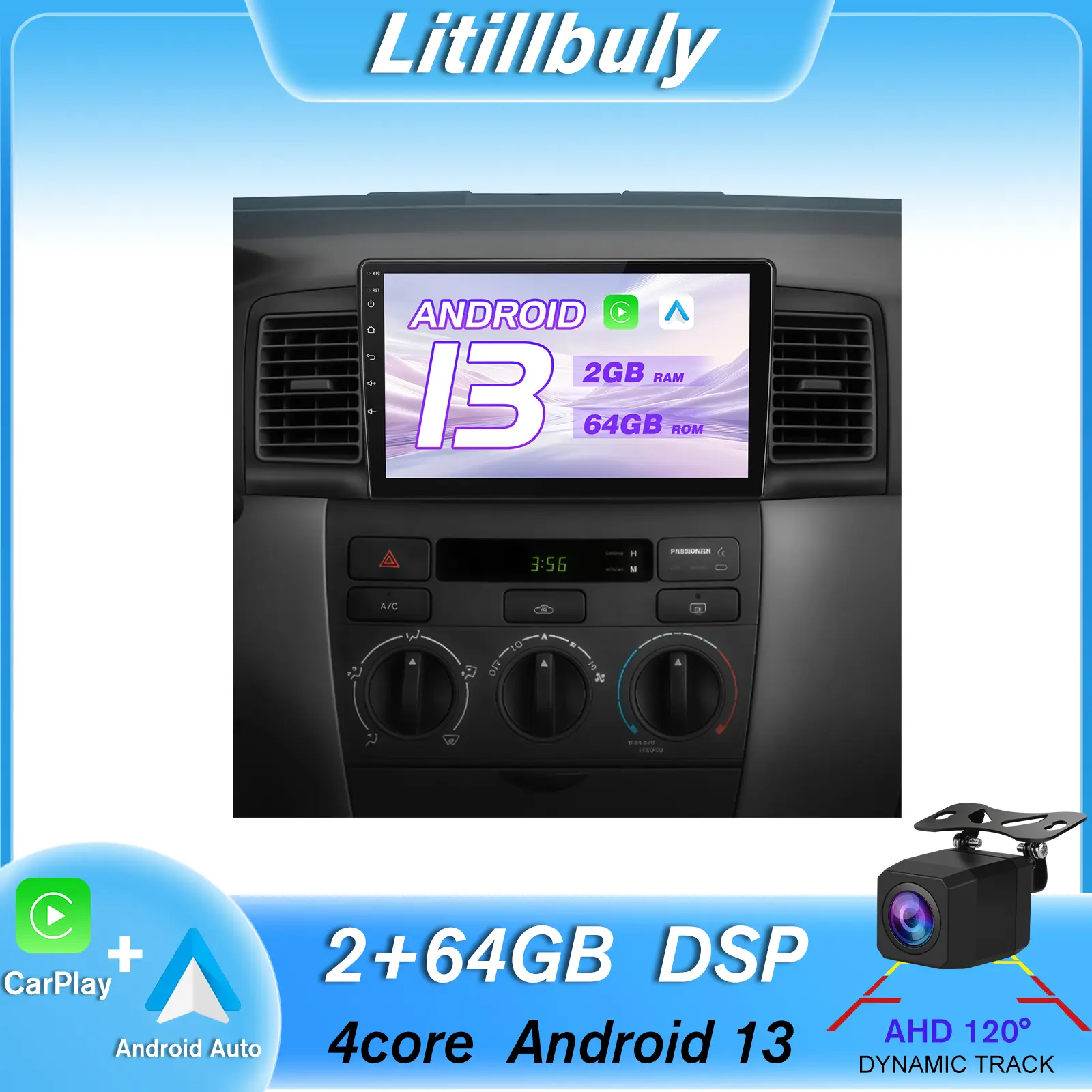 Car Stereo for Toyota Corolla EX130 EX120 2000-2004 touch screen has Android Auto Wireless Carplay, Bluetooth WIFI supports GPS Navigation