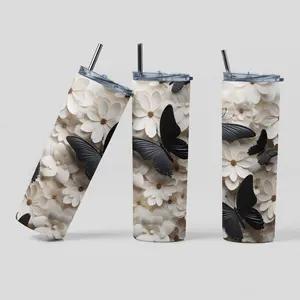 20oz Stainless Steel Tumbler - Elegant Floral Butterfly Insulated Skinny Mug with Straw - Flasks, Bottled