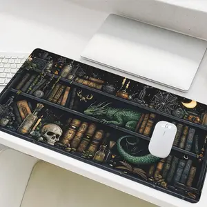 Vintage Fantasy Wizard's Library Bookshelf Mouse Pad, Non-slip Rubber Base Stitched Edge Desk Pad, Office Desk Accessories for Home Office Game