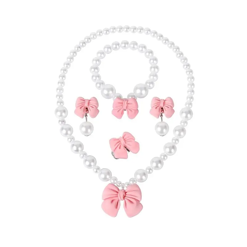 Princess Jewelry for Little Girls, Handmade Bow Pearl Jewelry Set, Stretch Necklace, Necklace for Daughter, Bracelets Rings and Clip on Earrings, Perfect for Dress Up, Birthday Parties, Costume Play