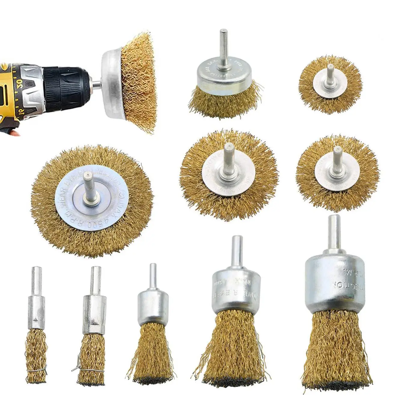 Wire Brush Wheel Cup Brush Set, Wire Brush for Drill 1/4 Inch Shank, Coarse Brass color Coated Crimped Wire Brushes for Cleaning Rust, Flakes and Abra