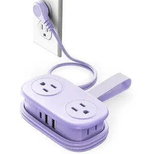 L-PSP005  4FT Purple Travel Power Strip with 4 AC Outlets, 2 USB-A Ports, and 1 USB-C Port, 45° Flat Plug Extension Cord with Non Surge Protector for Travel/Home/Dorm/Office