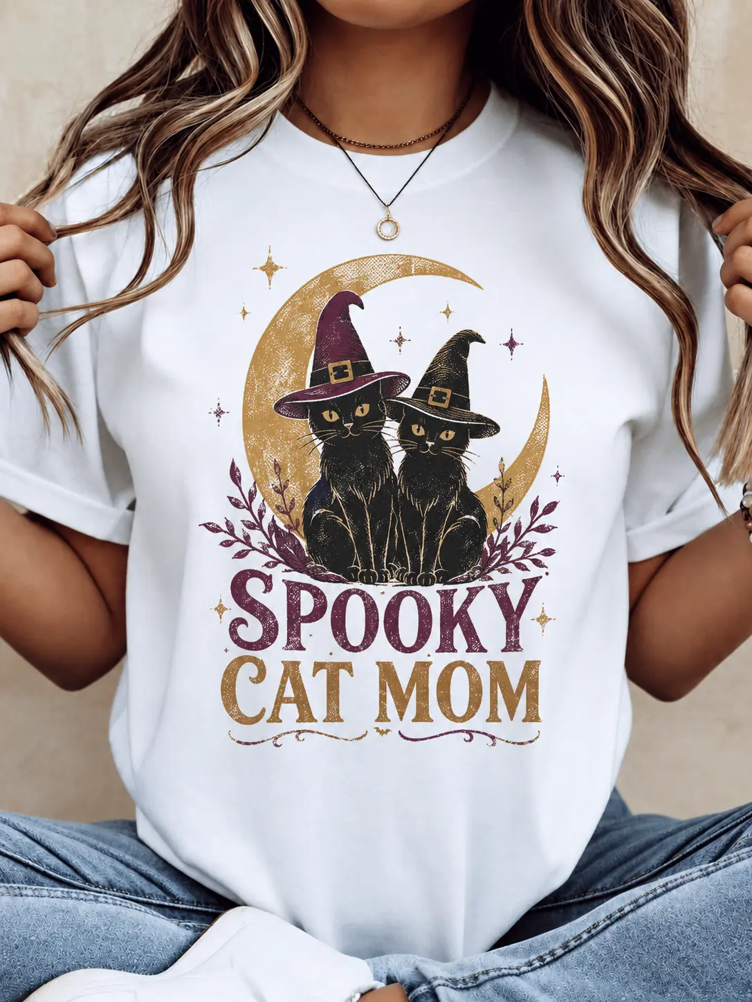Women's Plus Size Halloween Witch T-Shirt - Spooky Cat Mom Graphic Print, Soft Cotton, Casual Wear, Short Sleeves, Loose Fit Casual Top