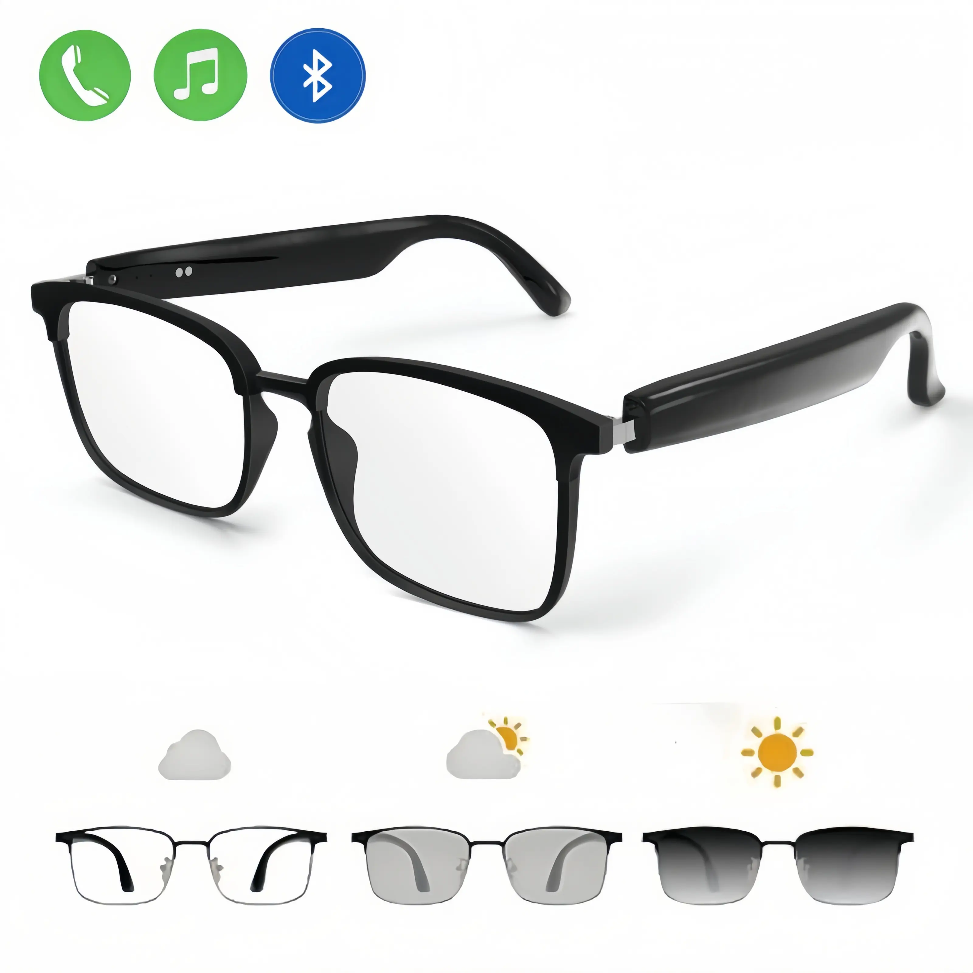Wireless Multifunctional Smart Glasses - Photochromic Lenses, High-Resolution Sound, UV & Blue Light Protection, Music, Hands-Free Calling, Audio Smart Glasses for Outdoor Sports, Driving (Black Gold)