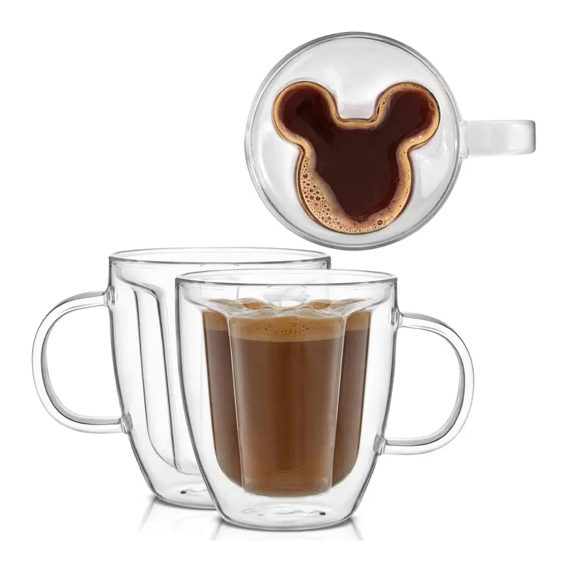 Disney Mickey Mouse 3D Double Walled Coffee Tea Glass Mugs 10 oz, Pack of 2
