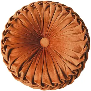 Round Throw Pillow Velvet Pleated Round Cushion Home Decoration for Couch Chair Bed Car Orange