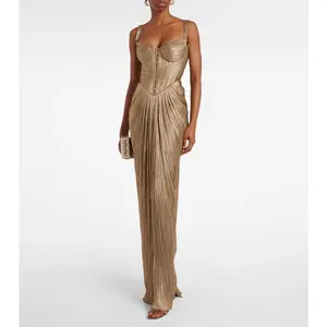 2026 women's new pressed pleated bronzing strappy dress slit dress