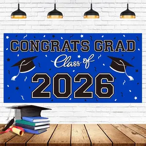 2D Flat Banner 1pc, Graduation Party Decorations 2026 Wall Hanging Backdrop, Congrats Grad Banner in Blue, Large Class of 2026 Decorations, Party Decorations Banners