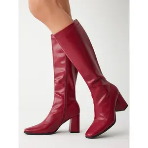 Cider [3 colors, Size 36-41] Basic Chunky Heeled Leather Knee High Boots