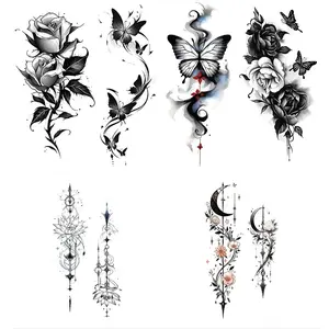 6PCS Black Flower Waterproof Temporary Tattoo Sticker Beauty Butterfly Rose for Women 3D Flash Body Arm Art Washable Fake Tattoos