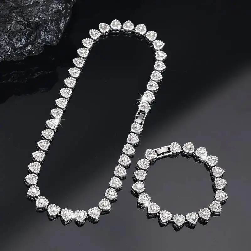 2pcs Heart Shaped Cuban Chain Necklace Set for &,Hip Hop Style Choker Set,Luxurious Jewelry Set for Valentine's Day Gifts, Birthday,Everyday & Party Wear,for Men Women Teenager#SummerWins