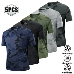 5-pack military style camouflage quick-dry T-shirt, men's high elastic breathable sports short-sleeved shirt, summer outdoor fitness training versatile top