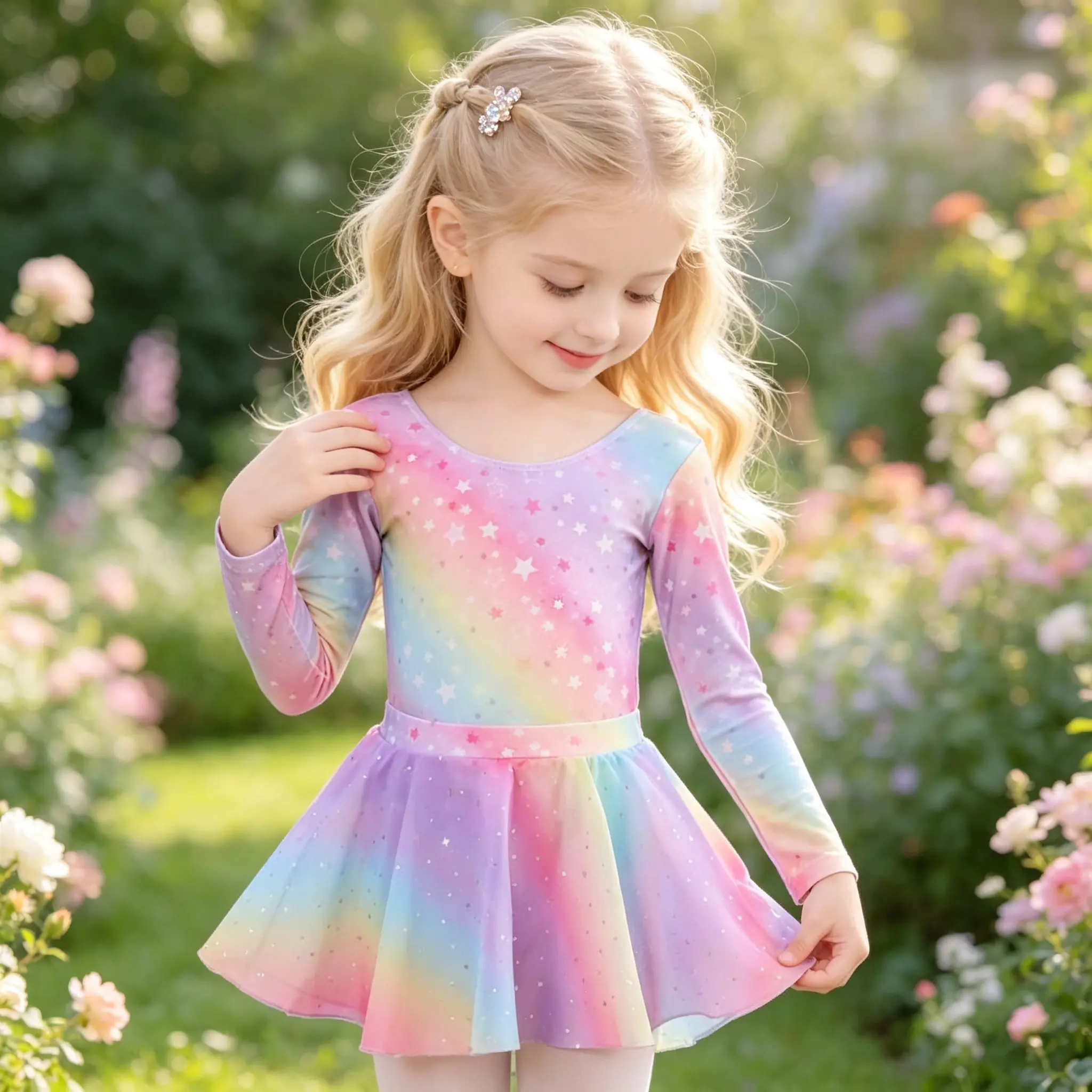 Little Girls Rainbow Gradient Star Print Long Sleeve Ballet Tutu Dress,Stretchy Sparkle Dance Leotard for Ballet Class Recital Dress‑up Costume