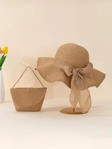 Boho Style Straw Hat and Bag Set, Handwoven Summer Accessories, Perfect for Beach and Outdoor Activities, Women's Fashion Essentials