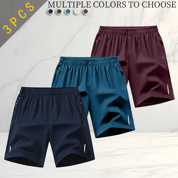 Men's 3-Piece Set Anti-Wrinkle Ice Silk Stretch Shorts - Baggy, Quick-Dry, Elastic Waist, Knee-Length Plain Stylish Trunks for Beach & Casual Use, Father's Day Gift, Three-Pieces