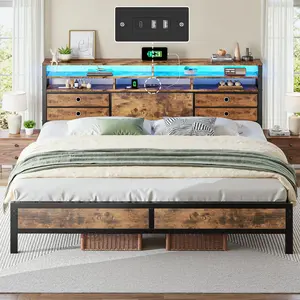Raybee Industrial Rustic Bed Frame with 4 Storage Drawers & 3 Tiers Shelves Bookcase Headboard, LED Lights & Charging Station, Platform Bed with USB & Type-C Ports Noise-Free Heavy Duty 1100lbs Support, 13.6” Underbed Storage, Full Queen King, Black Brown