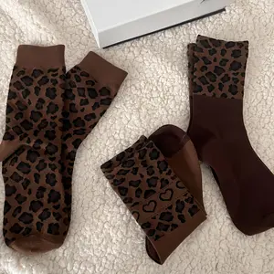 Melard 3 Pairs Autumn Winter New Leopard Print Coffee Color Fashionable Women's Mid-Calf Socks Spandex Knitted Trendy Versatile