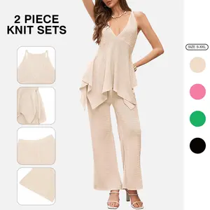 Tankaneo Womens 2 Piece Knit Sets Summer Vacation Outfits Deep V Neck Flowy Tank Tops Wide Leg Pants Sweater Matching Sets