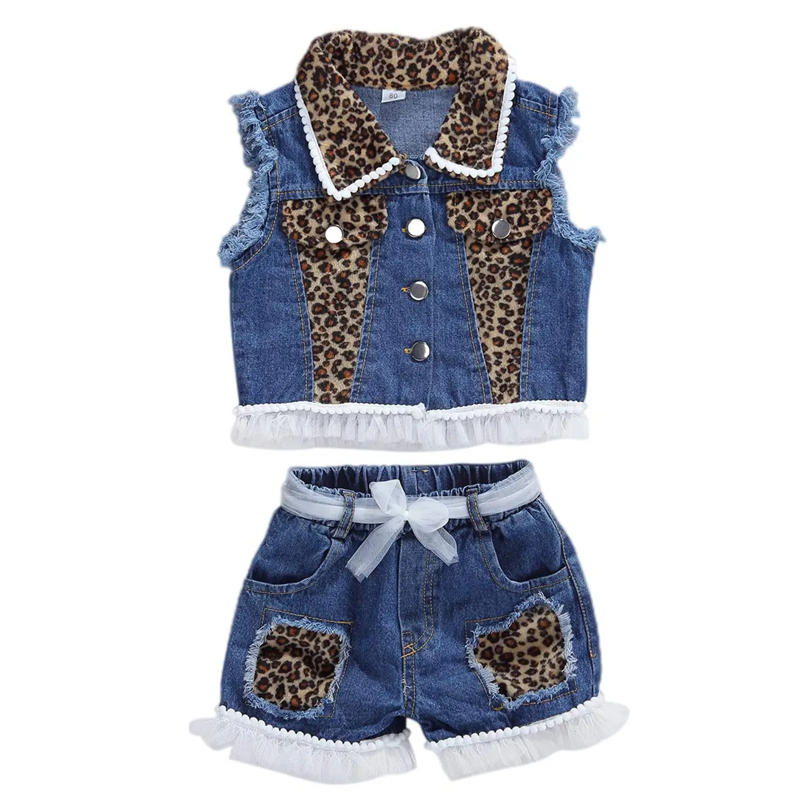 Toddler Girl Denim Leopard Patchwork Summer Clothes Baby Sleeveless Vest Coat Top Lace Belt Denim Shorts Pants Jeans 2Pcs Outfits #Springtok